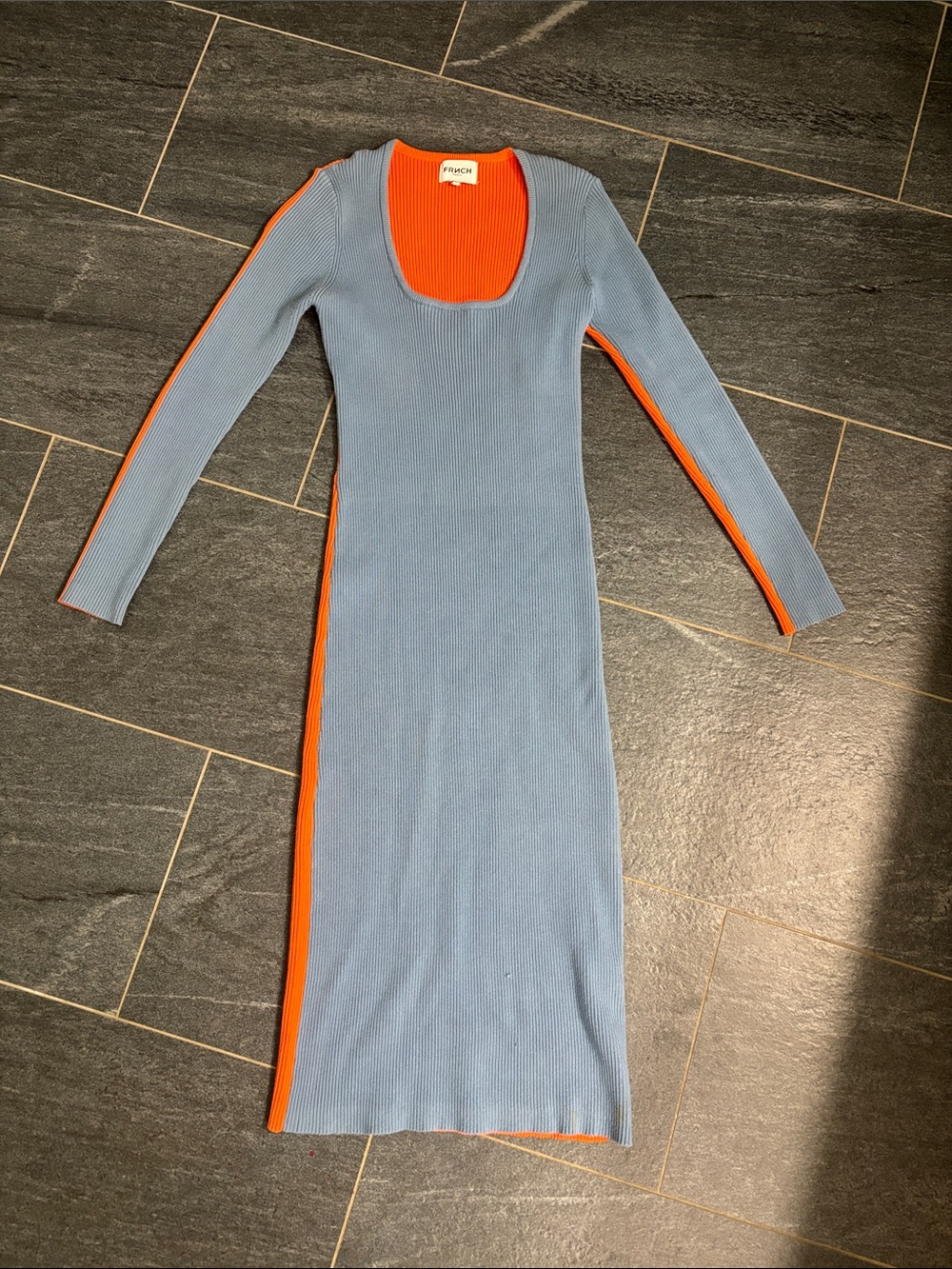 FRNCH Blue Knit Midi Dress with Orange Accents